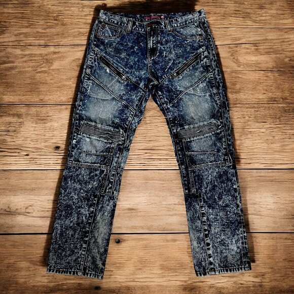 Grindhouse Acid Wash Stacked Denim Jeans With Zipper Details 36/32